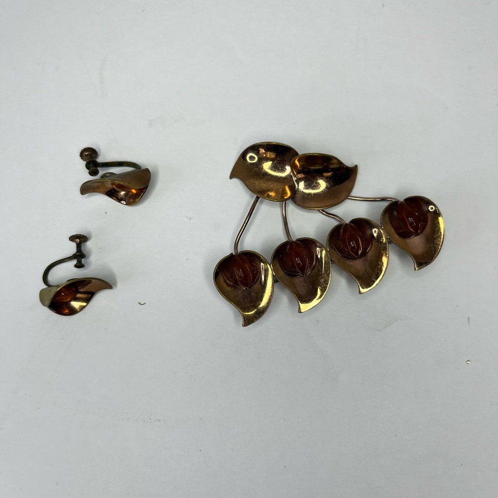 Vintage Gold Plated Parure Leaf Jewelry Pin & Back Earrings Amber‎ Brooch - Picture 3 of 8